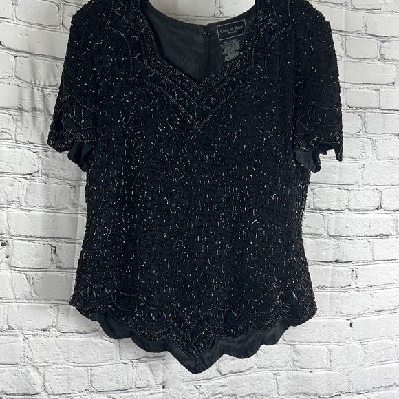Cote d'Azur Top Evening Beaded Scallop Hem Short Sleeve Black Size Large - Picture 1 of 10